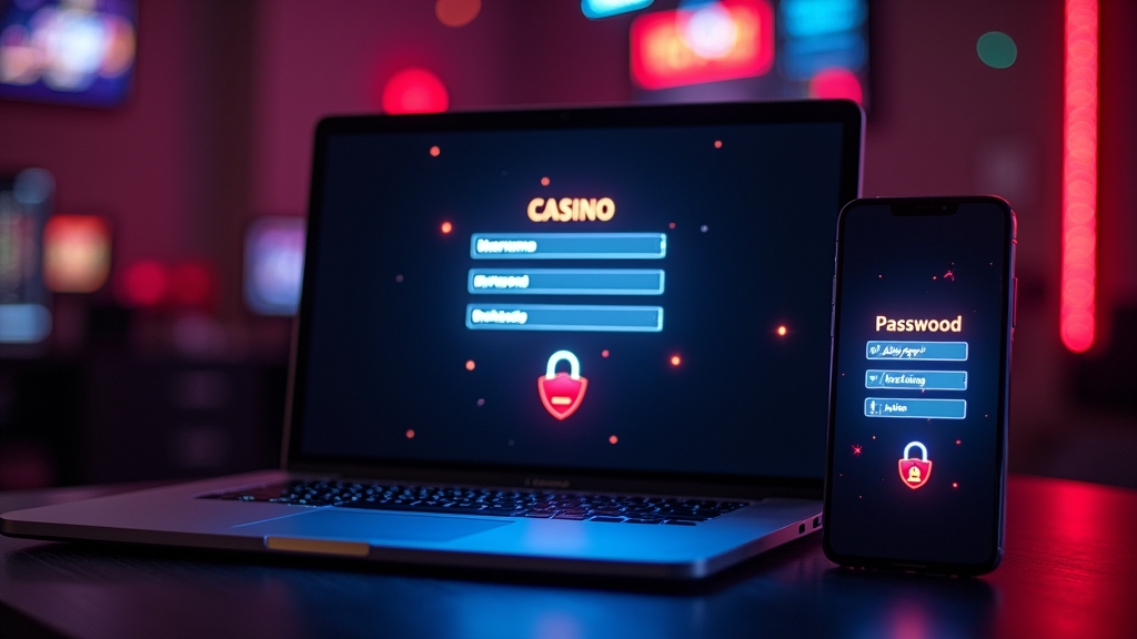 Laptop and phone showing a secure casino login screen in a dark neon setting