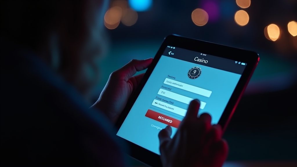 Person completing a casino registration form on a tablet in a dark setting