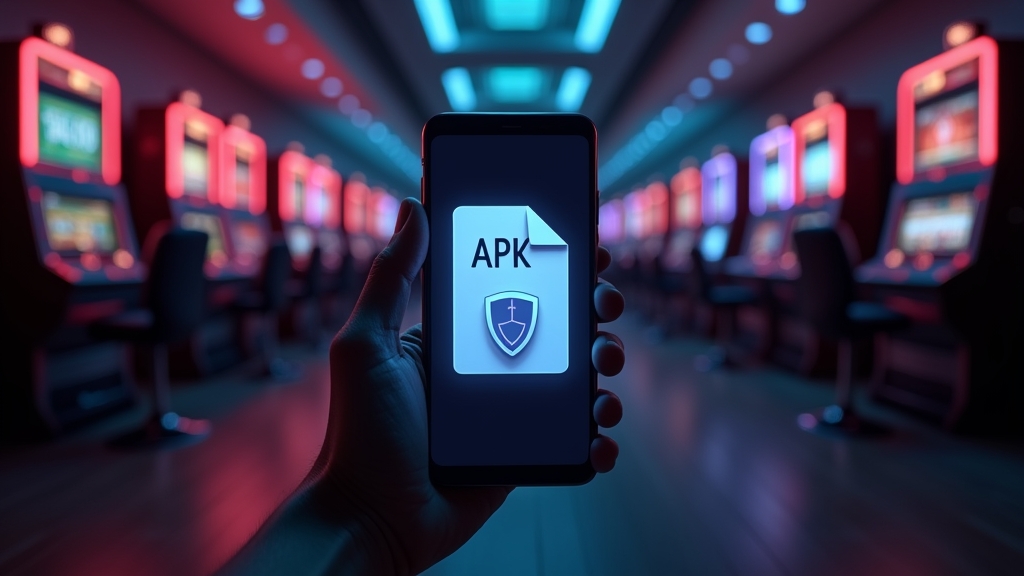 Secure APK download concept shown on a phone in a dark casino setting