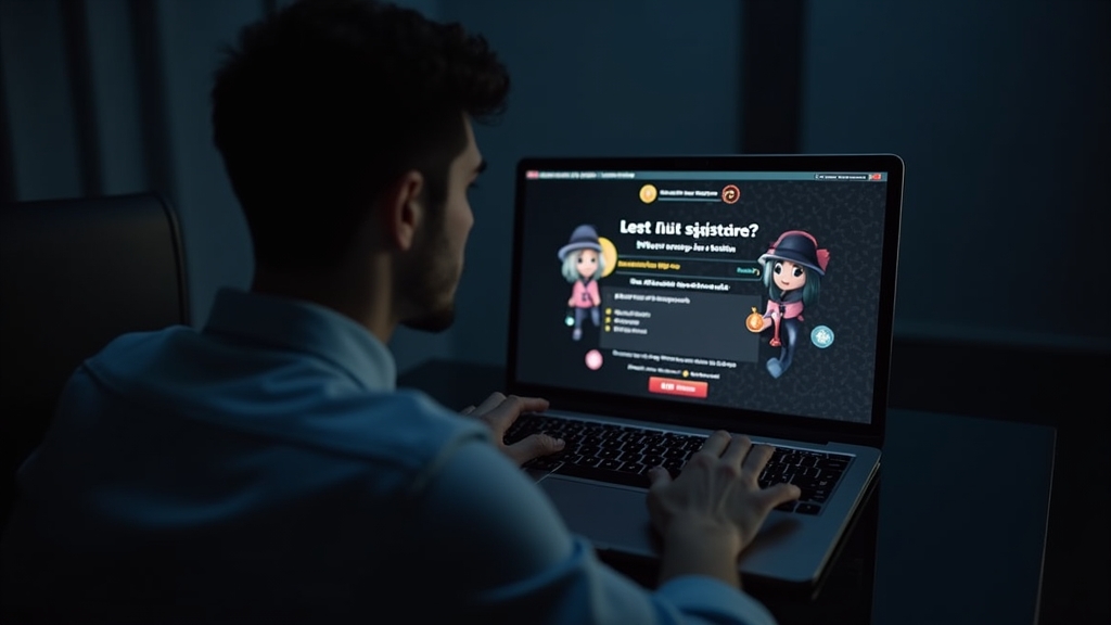 Laptop showing a casino registration error with account recovery icons in a dark room