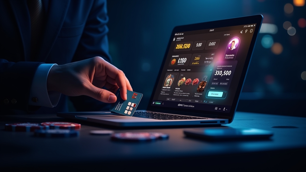Laptop and payment icons in a dark casino-style deposit scene