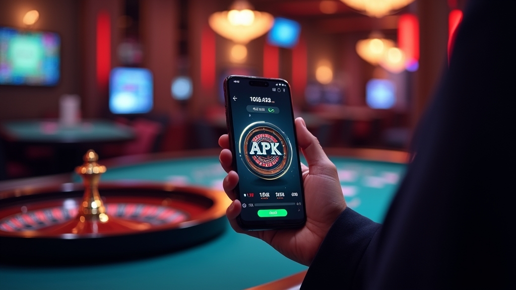 Android phone showing a casino app download screen in a dark neon casino