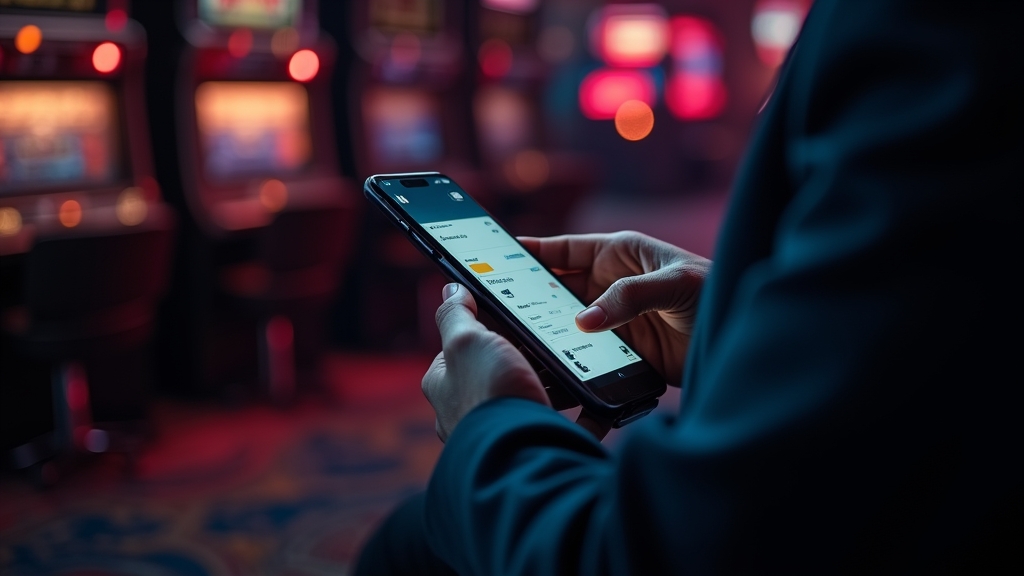 Player confirming a secure payment on a mobile device in a dark casino scene
